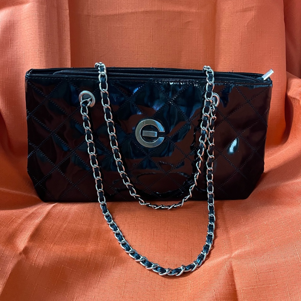 Glossy Black Quilted Shoulder Bag with Silver Chain Strap